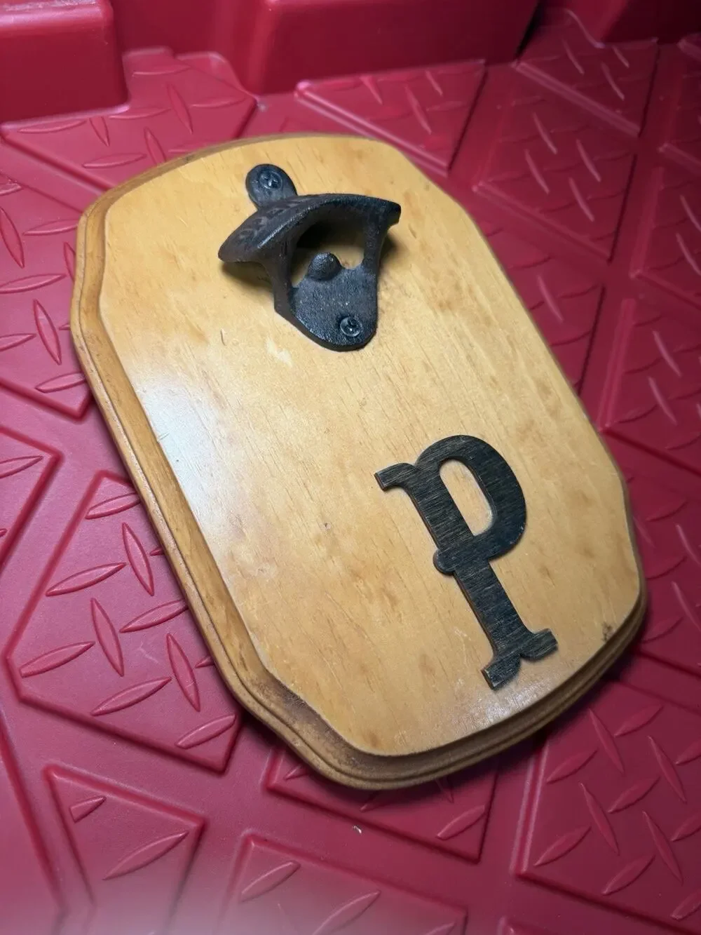 Vintage Wood Mounted Bottle Opener “ P “